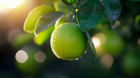Fresh lime covered in morning dew drops hanging on tree branch with sunlight bokeh and green foliage background, macro photography for fresh fruit concept.