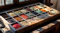 Variety of colorful dried legumes, grains, and seeds in vintage wooden box compartments near window, natural sunlight illuminating organic food ingredients.