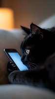 Black cat looking at glowing smartphone screen in dark room, illuminated face profile showing curious expression and bright eye reflection against blue light.