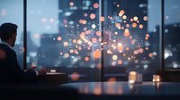 Silhouette of businessman contemplating city lights through window, holding drink in modern office with glowing bokeh effect creating magical atmosphere.