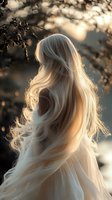 Young woman with flowing blonde hair backlit by golden sunset light, wearing white dress. Ethereal romantic mood with natural bokeh background and windswept hair movement.