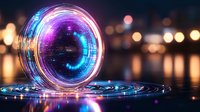 Glowing neon portal with purple and blue light rings reflecting on water surface against blurred city lights background creates futuristic atmosphere.