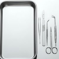 Sterile surgical instruments arranged beside empty metal tray on white background for medical procedures and healthcare operations.