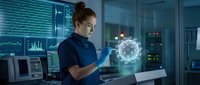 Young Asian female scientist examining holographic molecular structure in modern laboratory with digital displays and data visualization screens.