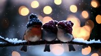 Three small birds wearing knitted winter hats perched together on snowy branch against blurred warm bokeh lights background creating magical winter atmosphere.