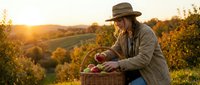 Young woman farmer harvesting fresh apples in wicker basket during golden hour sunset in organic orchard with rolling hills countryside landscape.