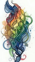 Abstract flowing hair design with rainbow watercolor splashes and organic curves for creative projects and artistic applications.