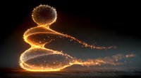 Golden particle spiral with glowing light trails creating dynamic motion effect against dark background for digital art and creative projects.