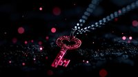 Glowing pink vintage key with bokeh light effects on dark background creates magical atmosphere. Decorative antique key silhouette with sparkles and blur.