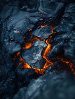 Glowing embers and charred wood fragments with bright orange flames breaking through dark ash, capturing the intense heat and texture of an active fire for backgrounds and design projects.