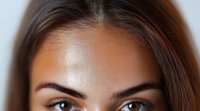 Close up portrait of young Middle Eastern woman with intense blue eyes and defined eyebrows, focusing on upper part of face against neutral background.