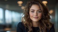 Young Caucasian woman with wavy brown hair and natural makeup smiling confidently at camera in modern office setting with soft bokeh lighting background.