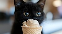 Curious black cat with bright blue eyes staring intently at vanilla ice cream cone, creating humorous and endearing moment against blurred background.