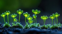 Glowing green mushrooms emit bioluminescent light in dark forest environment, creating magical natural scenery on mossy ground at night.