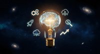 Glowing light bulb with digital brain circuit and technology icons floating in space representing artificial intelligence and innovation concepts.