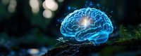 Glowing blue brain hologram floating over mossy ground in dark forest with bokeh lights, representing artificial intelligence and natural consciousness.