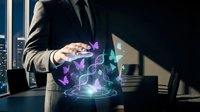 Businessman in suit holding glowing digital network hologram with interconnected nodes and data visualization, representing technology, connectivity, and innovation in corporate environment.