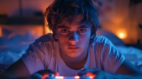 Young man illuminated by blue and orange neon lights lying on bed at night, dramatic moody portrait with cinematic lighting and atmospheric glow.