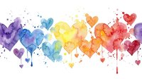 Watercolor hearts in rainbow colors with paint drips and splatters on white background. Romantic love concept for Valentine's Day greeting cards and wedding designs.