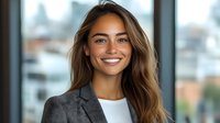 Young mixed race businesswoman with long brown hair and bright smile wearing grey blazer and white top against blurred office background.