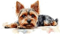 Yorkshire Terrier lying down in watercolor style, small dog portrait with expressive eyes and distinctive brown and black coat on white background, isolated.