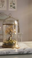 Golden bonsai tree under glass dome cloche on marble surface with scattered coins for wealth prosperity feng shui home decor interior design.