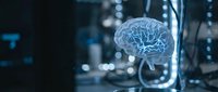Glowing blue brain hologram in modern medical laboratory with advanced equipment and technology for neuroscience research and artificial intelligence development.