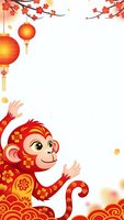 Red monkey with golden patterns celebrates lunar new year with lanterns and cherry blossoms on white background for greeting cards and festive designs.