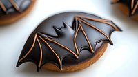 Dark chocolate bat wing cookie with orange outline on white background, Halloween party treat for seasonal celebration and festive baking decoration.