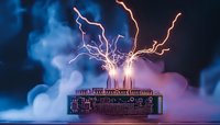 Electrical discharge sparks emanating from computer RAM module against dark background with dramatic smoke effects and purple-blue lighting for technology concept.