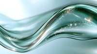 Flowing turquoise waves with sparkling light effects create dynamic abstract background. Smooth glossy curves blend with glowing particles in elegant composition.