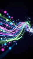 Vibrant neon light waves flowing with colorful particles and bokeh effects on dark background for digital art and technology designs.