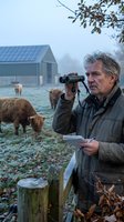 Senior Caucasian farmer using binoculars to monitor livestock on frosty morning pasture with barn and grazing sheep in rural agricultural setting.