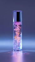 Magical glowing perfume bottle with swirling pink and blue ethereal smoke effect inside glass container on dark background with reflective surface and mystical illumination.