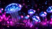 Luminescent jellyfish and glowing coral in magical underwater scene with pink and blue bioluminescent effects against dark background. Perfect for fantasy designs.