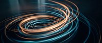 Glowing orange and blue light trails swirl in dynamic motion against dark background, creating abstract energy waves for technology and digital design projects.