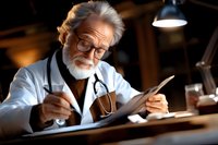 Senior male doctor with gray hair and beard wearing glasses and white coat writes medical notes at desk with lamp, conveying expertise and dedication in healthcare setting.