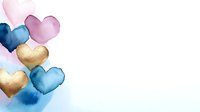 Watercolor hearts in pink, navy blue and gold floating on white background, romantic design elements for wedding invitations and valentines cards.