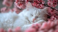 Sleeping white Persian cat surrounded by delicate pink cherry blossoms, creating dreamy spring atmosphere with soft bokeh effect and gentle natural lighting.