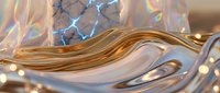 Flowing golden liquid metal waves with holographic rainbow reflections creating abstract luxury background for premium design projects.