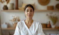 Young Hispanic woman wearing white wrap blouse smiles warmly at camera in cozy home interior with wooden shelves and decorative pottery in soft natural lighting.