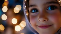 Close up portrait of smiling young girl with bright blue eyes against blurred golden bokeh lights background creating magical holiday atmosphere.
