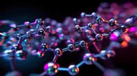 Glowing molecular structure with pink and blue neon lights against dark background shows scientific concept of chemistry, biology and nanotechnology research.