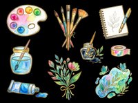 Watercolor art supplies and botanical elements collection isolated on transparent background, ready for clipart, t-shirt design, stickers, print-on-demand products and sublimation projects.