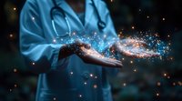 Medical professional in scrubs with stethoscope holding glowing magical particles in hands against dark background, representing healing and healthcare innovation.