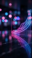 Neon glowing financial growth chart with upward trending arrow against blurred city lights bokeh background for business analytics and investment concepts.