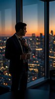 Successful businessman in suit holding coffee cup looking out office window at city skyline during sunset with warm golden light and urban bokeh lights.