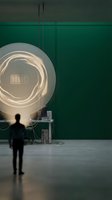 Silhouetted male figure standing in modern industrial space observing glowing neon battery icon on green wall, representing energy, technology, and power concepts for business and innovation designs.