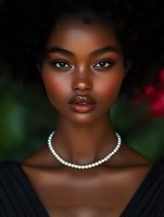 Young African American woman with natural curly hair wearing pearl necklace and elegant makeup against dark background for beauty and fashion concepts.