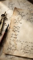 Vintage scientific manuscripts with physics formulas, molecular structures, geometric diagrams and compass on aged parchment for educational research.